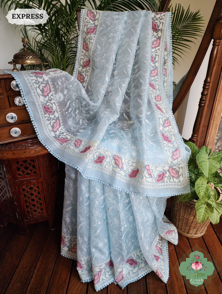 Powder Blue Organza Silk Saree With Chikankari Inspired Embroidery