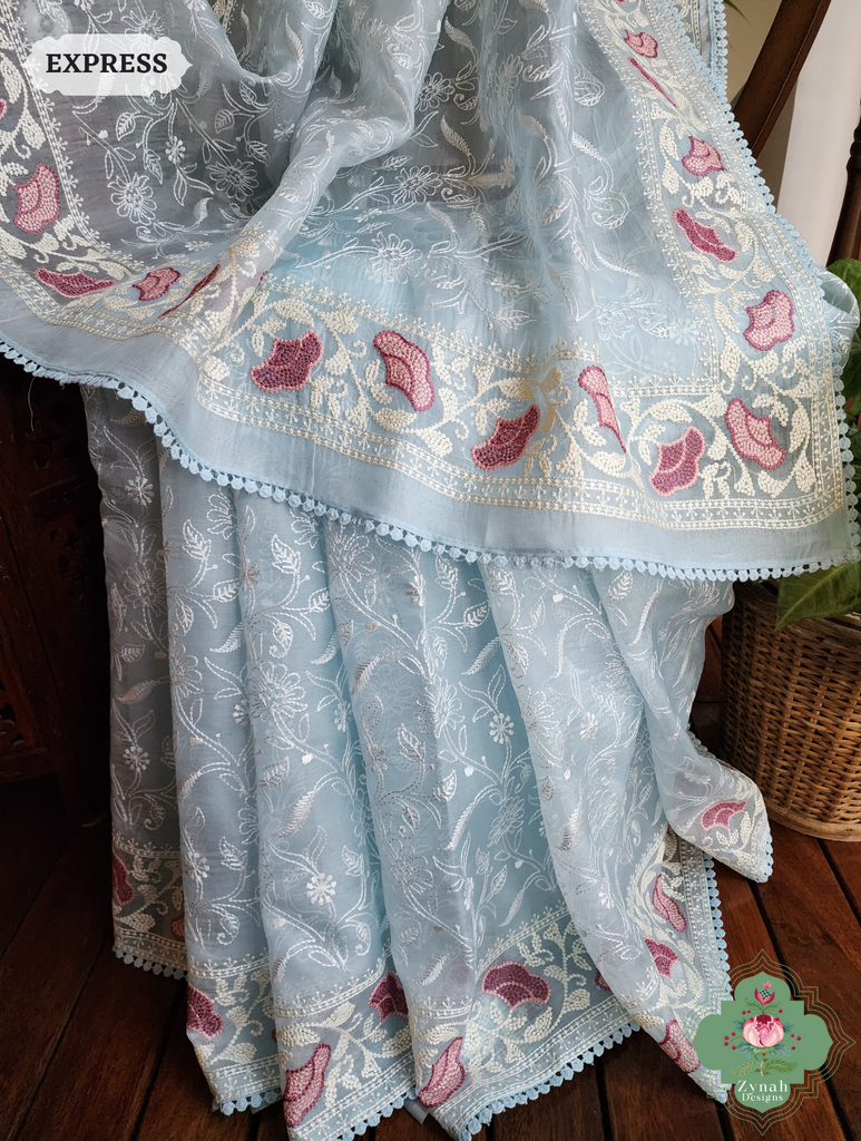 Powder Blue Organza Silk Saree With Chikankari Inspired Embroidery 3