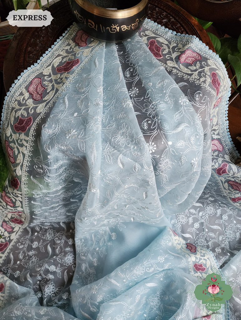 Powder Blue Organza Silk Saree With Chikankari Inspired Embroidery 4