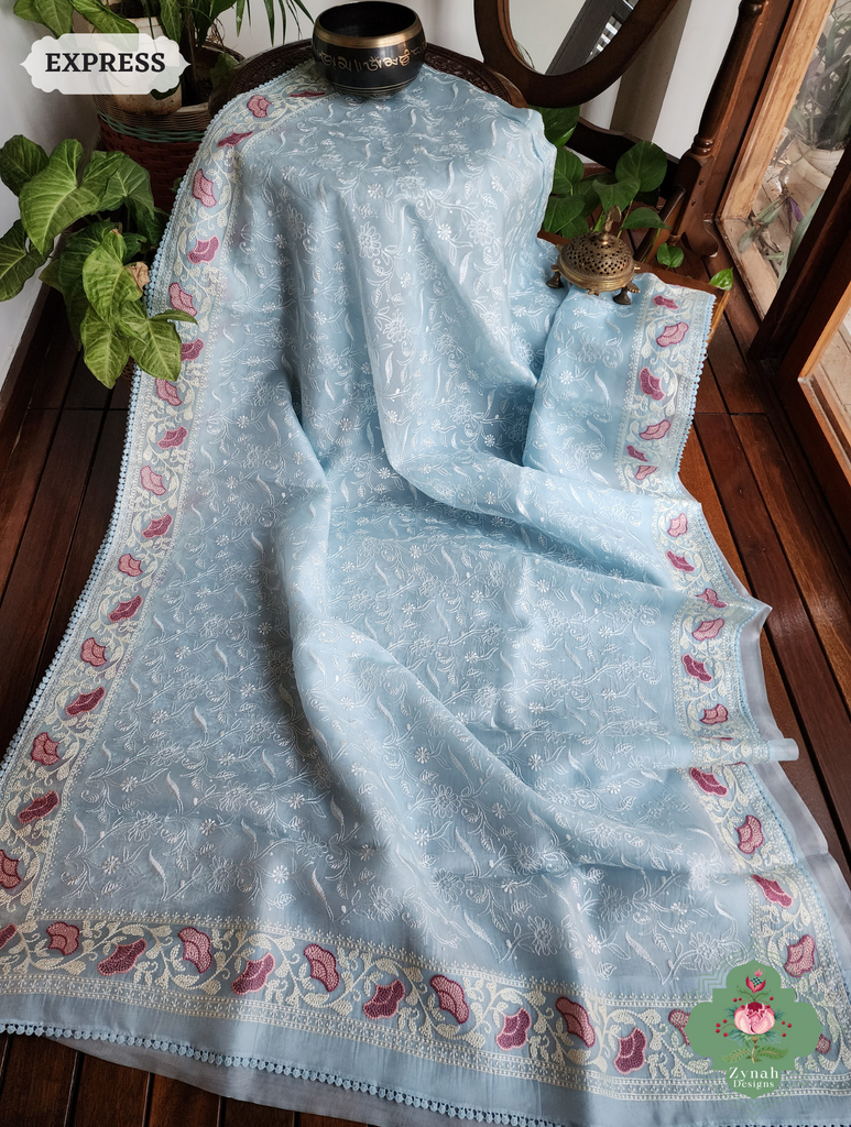 Powder Blue Organza Silk Saree With Chikankari Inspired Embroidery 5