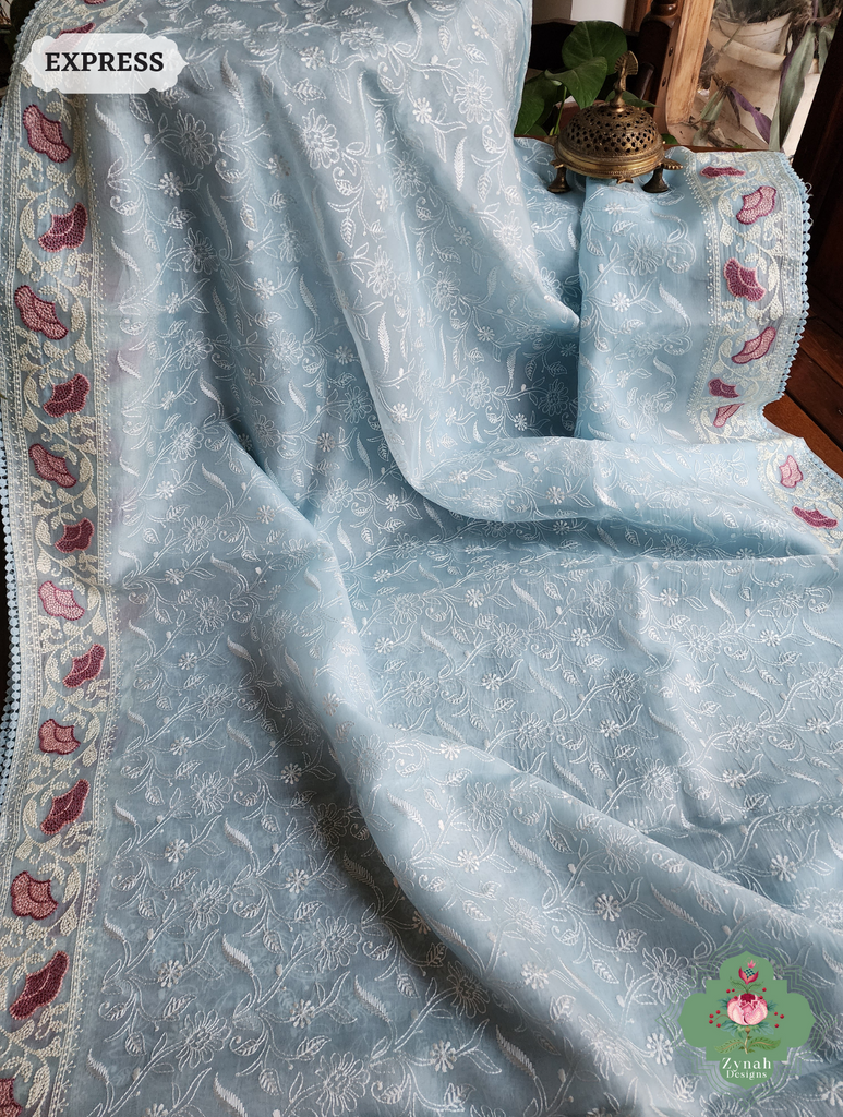Powder Blue Organza Silk Saree With Chikankari Inspired Embroidery 6