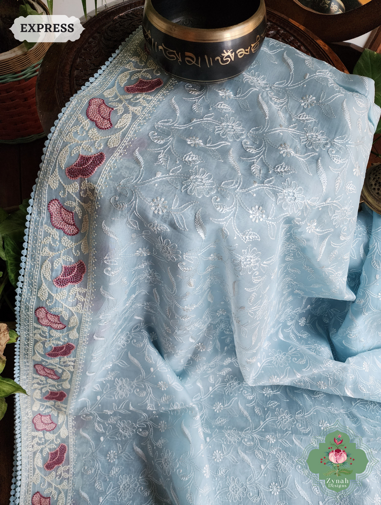 Powder Blue Organza Silk Saree With Chikankari Inspired Embroidery 7