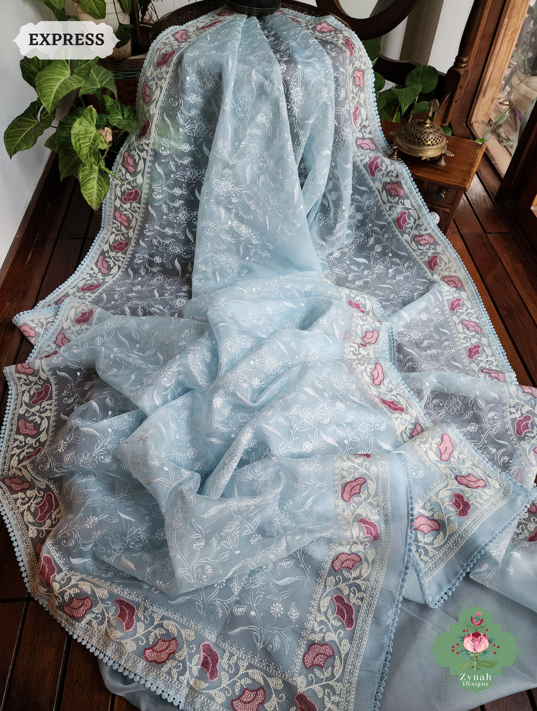 Powder Blue Organza Silk Saree With Chikankari Inspired Embroidery 8