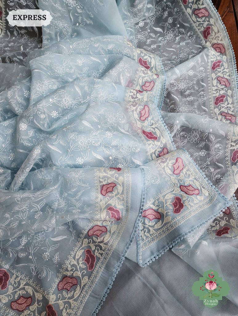 Powder Blue Organza Silk Saree With Chikankari Inspired Embroidery 9