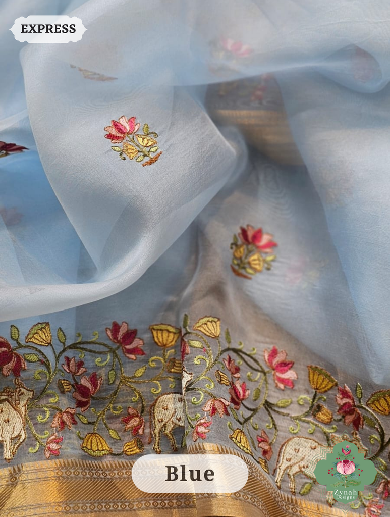 Zynah Off White Pure Organza Silk Saree With Pichwai Embroidery & Multicolor Tassels On Pallu; Custom Stitched/Ready-made Blouse, Fall, Petticoat; SKU: 2711202303