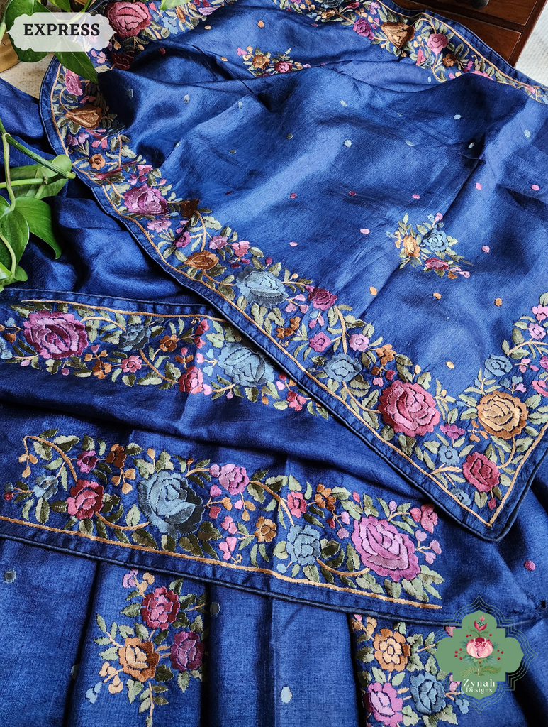 Zynah Made To Order Blue Pure Tussar Silk Hand Embroidered Authentic Parsi Gara Saree; Custom Stitched/Ready-made Blouse, Fall, Petticoat; SKU: 2312202403