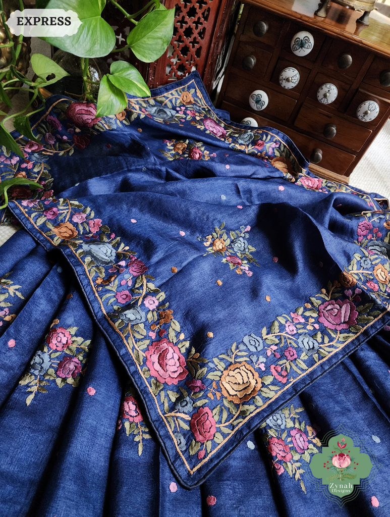 Zynah Made To Order Blue Pure Tussar Silk Hand Embroidered Authentic Parsi Gara Saree; Custom Stitched/Ready-made Blouse, Fall, Petticoat; SKU: 2312202403