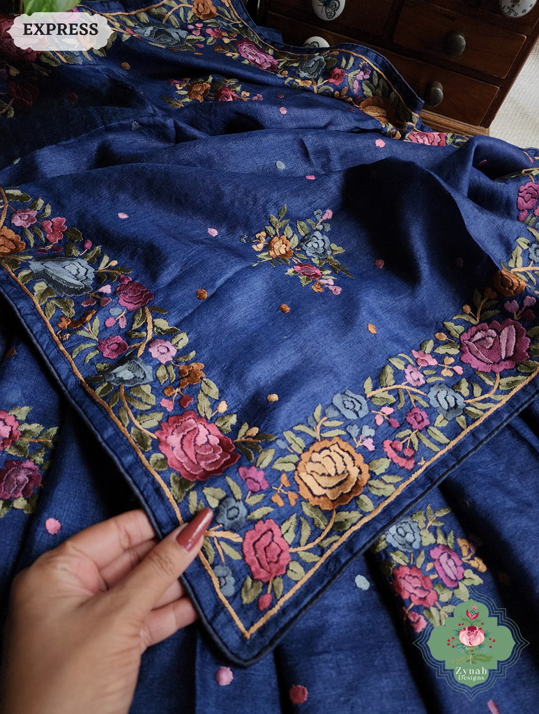 Zynah Made To Order Blue Pure Tussar Silk Hand Embroidered Authentic Parsi Gara Saree; Custom Stitched/Ready-made Blouse, Fall, Petticoat; SKU: 2312202403