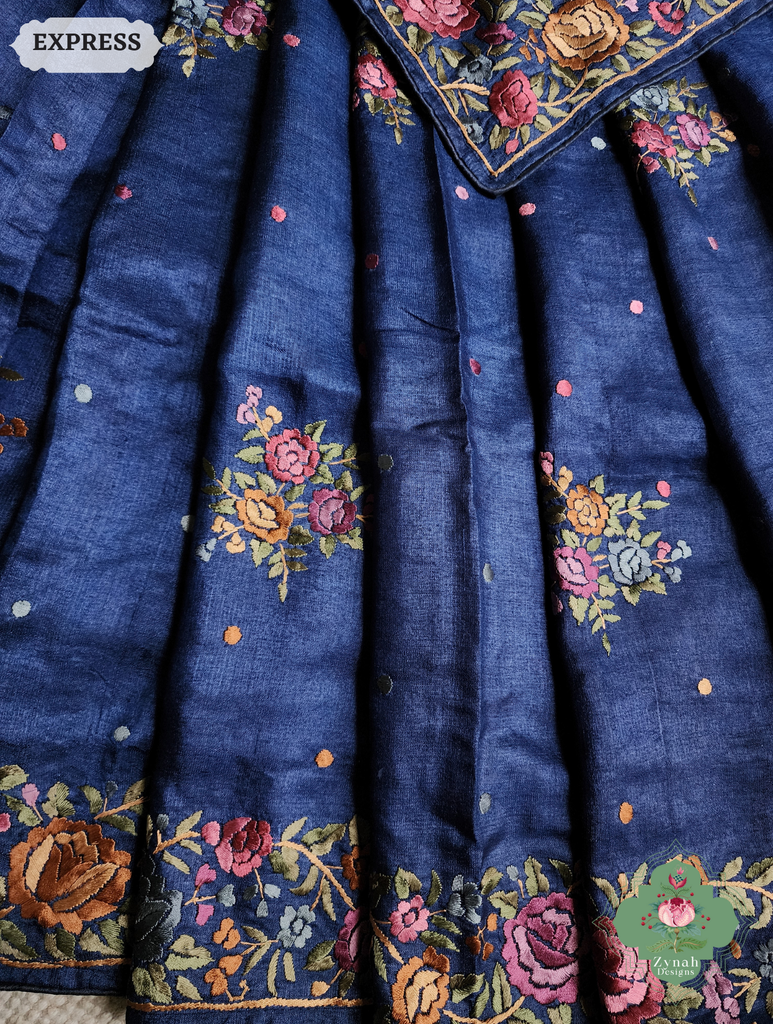 Zynah Made To Order Blue Pure Tussar Silk Hand Embroidered Authentic Parsi Gara Saree; Custom Stitched/Ready-made Blouse, Fall, Petticoat; SKU: 2312202403