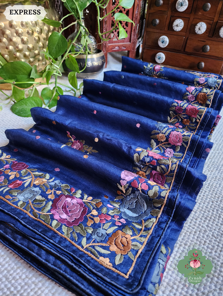 Zynah Made To Order Blue Pure Tussar Silk Hand Embroidered Authentic Parsi Gara Saree; Custom Stitched/Ready-made Blouse, Fall, Petticoat; SKU: 2312202403