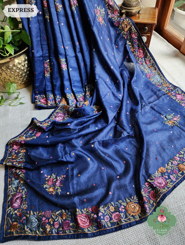Zynah Made To Order Blue Pure Tussar Silk Hand Embroidered Authentic Parsi Gara Saree; Custom Stitched/Ready-made Blouse, Fall, Petticoat; SKU: 2312202403