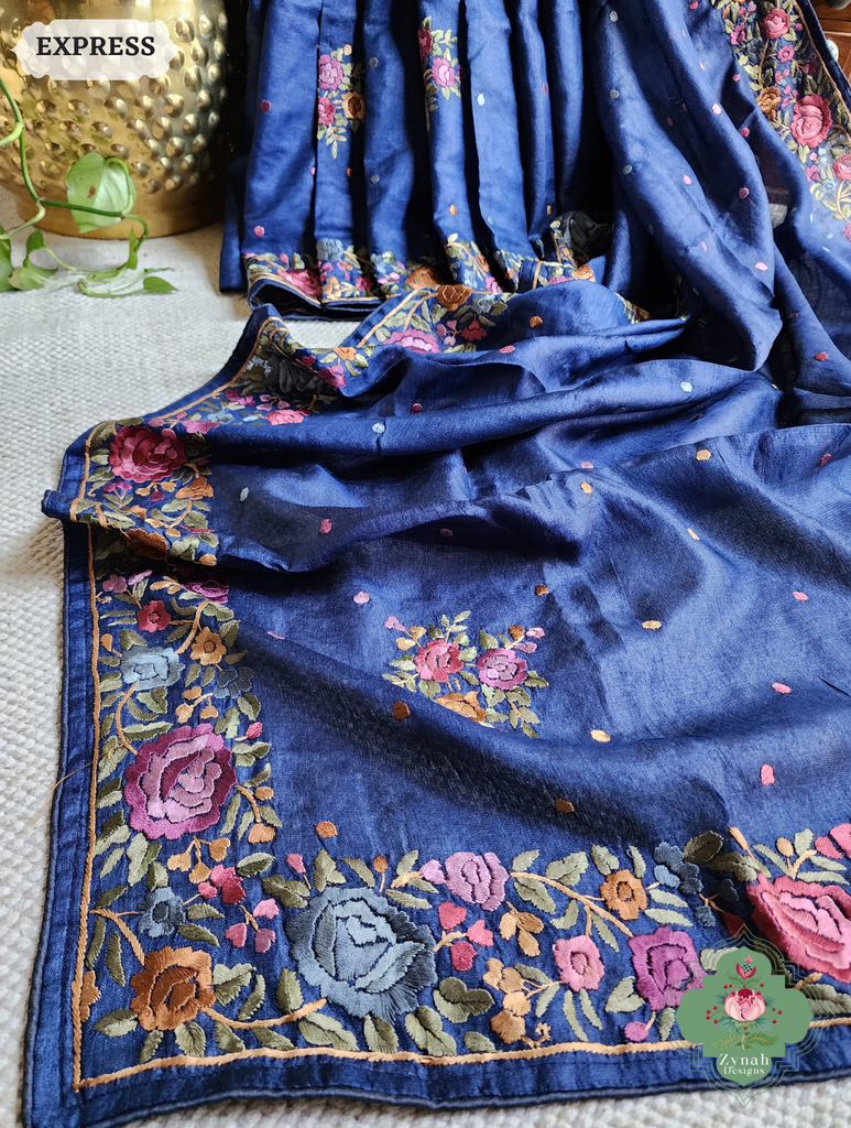 Zynah Made To Order Blue Pure Tussar Silk Hand Embroidered Authentic Parsi Gara Saree; Custom Stitched/Ready-made Blouse, Fall, Petticoat; SKU: 2312202403