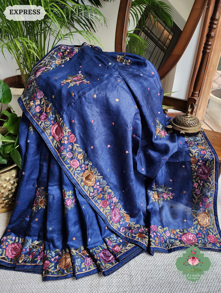 Zynah Made To Order Blue Pure Tussar Silk Hand Embroidered Authentic Parsi Gara Saree; Custom Stitched/Ready-made Blouse, Fall, Petticoat; SKU: 2312202403