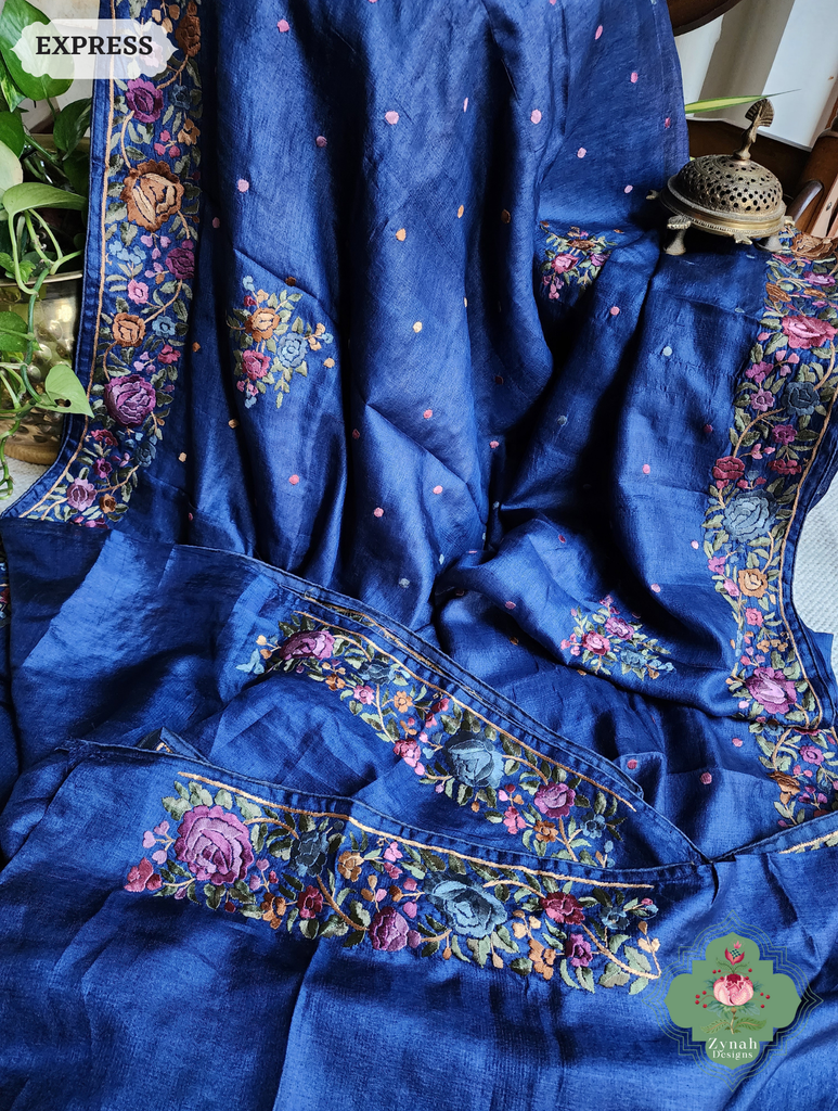 Zynah Made To Order Blue Pure Tussar Silk Hand Embroidered Authentic Parsi Gara Saree; Custom Stitched/Ready-made Blouse, Fall, Petticoat; SKU: 2312202403