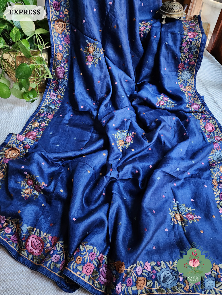 Zynah Made To Order Blue Pure Tussar Silk Hand Embroidered Authentic Parsi Gara Saree; Custom Stitched/Ready-made Blouse, Fall, Petticoat; SKU: 2312202403