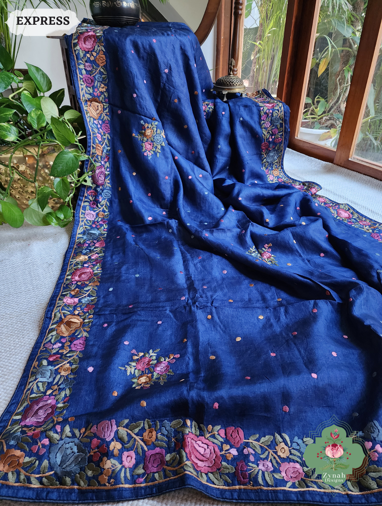 Zynah Made To Order Blue Pure Tussar Silk Hand Embroidered Authentic Parsi Gara Saree; Custom Stitched/Ready-made Blouse, Fall, Petticoat; SKU: 2312202403