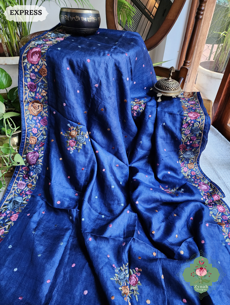 Zynah Made To Order Blue Pure Tussar Silk Hand Embroidered Authentic Parsi Gara Saree; Custom Stitched/Ready-made Blouse, Fall, Petticoat; SKU: 2312202403