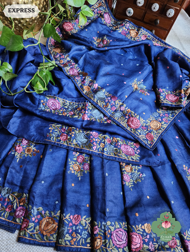 Zynah Made To Order Blue Pure Tussar Silk Hand Embroidered Authentic Parsi Gara Saree; Custom Stitched/Ready-made Blouse, Fall, Petticoat; SKU: 2312202403