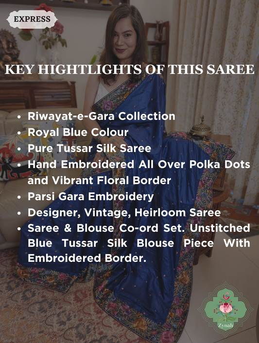 Blue Pure Tussar Silk Hand Embroidered Parsi Gara Saree 02