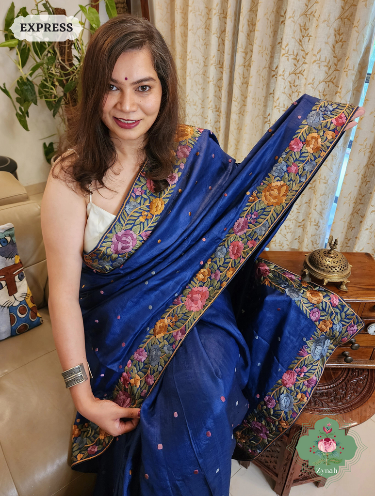 Blue Pure Tussar Silk Hand Embroidered Parsi Gara Saree 06