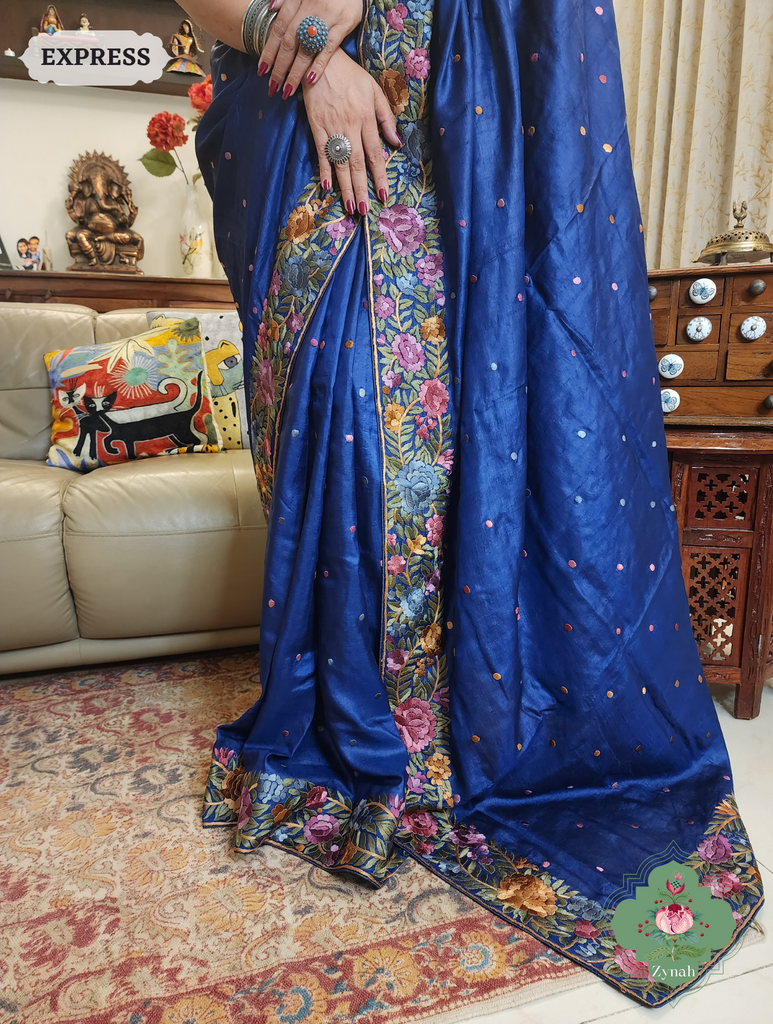 Blue Pure Tussar Silk Hand Embroidered Parsi Gara Saree 07