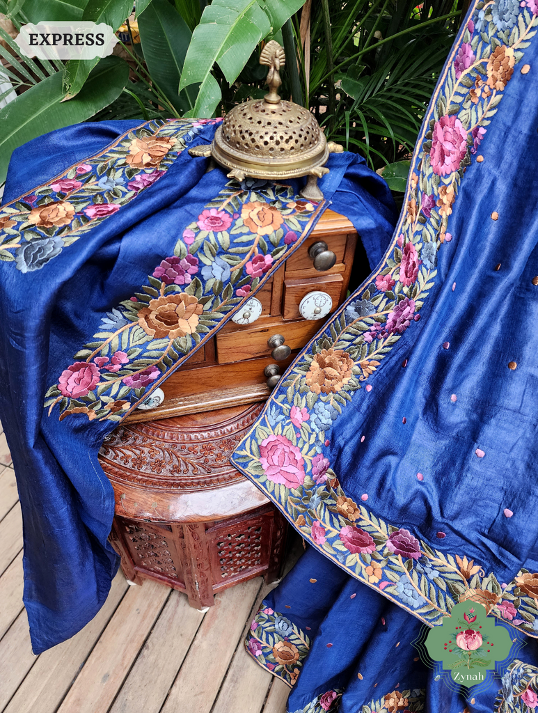 Blue Pure Tussar Silk Hand Embroidered Parsi Gara Saree 08