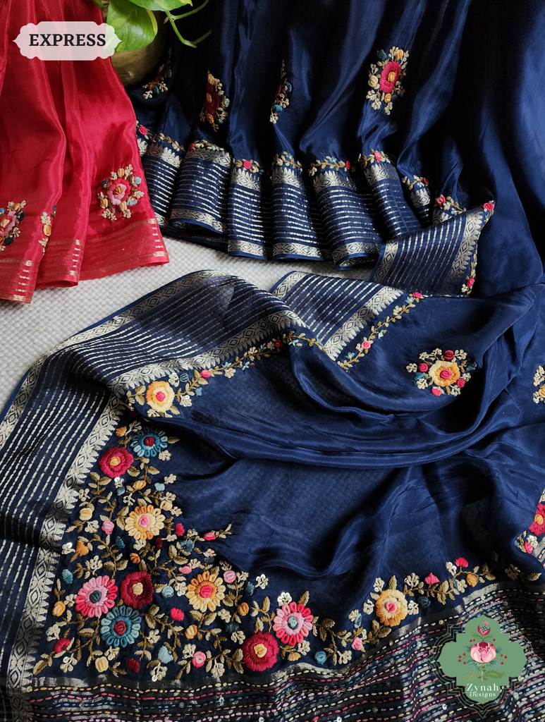 Zynah Blue Satin Silk Saree With Kantha Work Pallu & French Knot Hand Embroidery; Custom Stitched/Ready-made Blouse, Fall, Petticoat; SKU: 0710202406