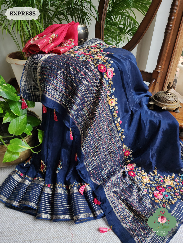Zynah Blue Satin Silk Saree With Kantha Work Pallu & French Knot Hand Embroidery; Custom Stitched/Ready-made Blouse, Fall, Petticoat; SKU: 0710202406