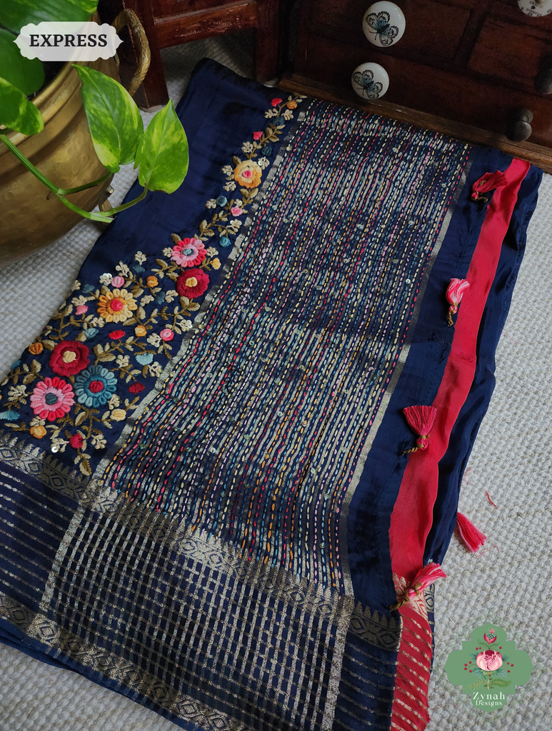 Zynah Blue Satin Silk Saree With Kantha Work Pallu & French Knot Hand Embroidery; Custom Stitched/Ready-made Blouse, Fall, Petticoat; SKU: 0710202406