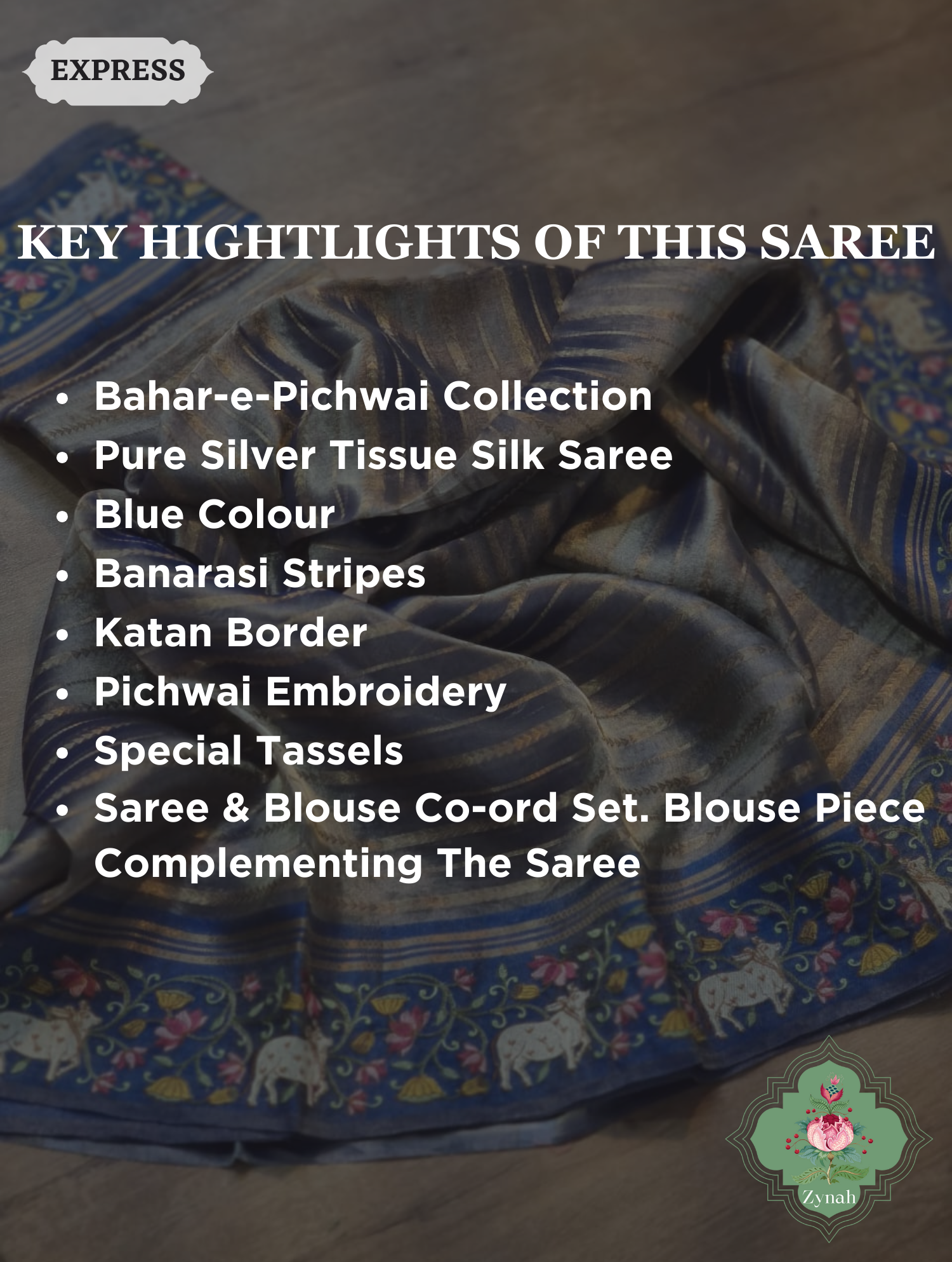 Blue Pure Silver Tissue Silk Saree With Banarasi Stripes, Katan Pallu & Pichwai Embroidery 1 Blue Pure Silver Tissue Silk Saree With Banarasi Stripes, Katan Pallu & Pichwai Embroidery 1