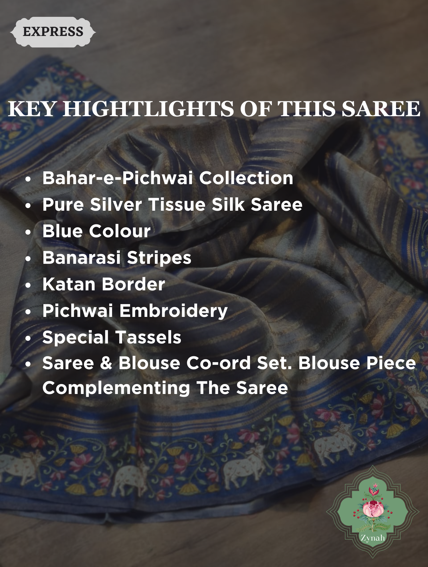 Blue Pure Silver Tissue Silk Saree With Banarasi Stripes, Katan Pallu & Pichwai Embroidery 1