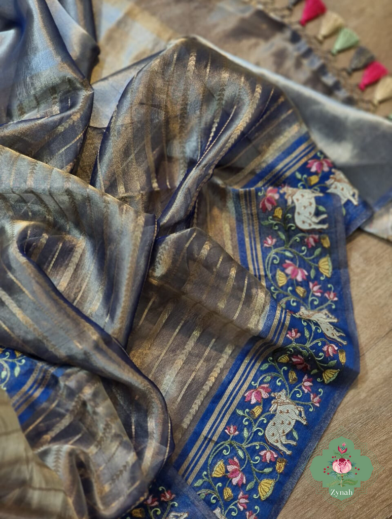 Blue Pure Silver Tissue Silk Saree With Banarasi Stripes, Katan Pallu & Pichwai Embroidery 2