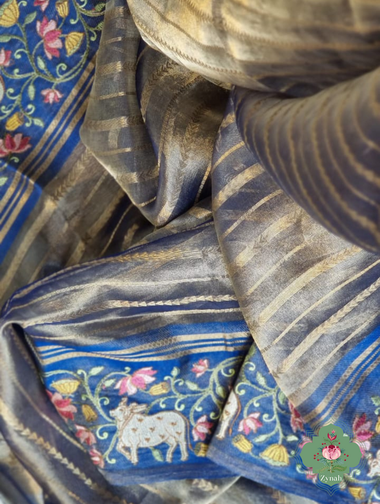 Blue Pure Silver Tissue Silk Saree With Banarasi Stripes, Katan Pallu & Pichwai Embroidery 3