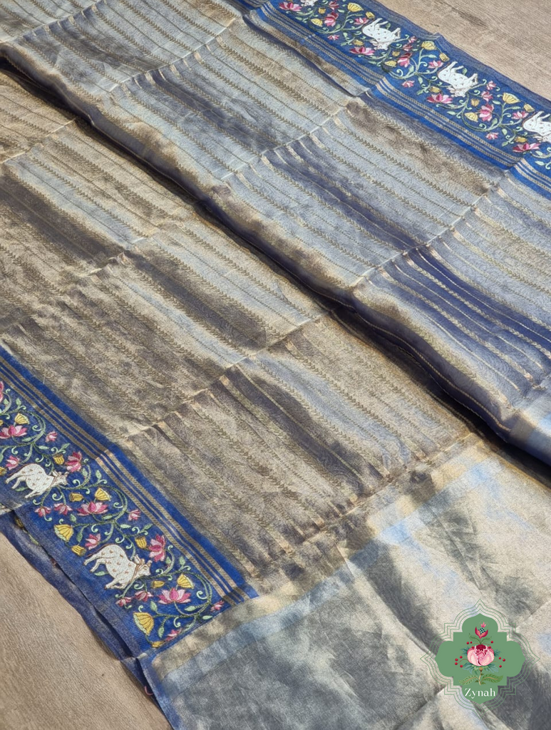 Blue Pure Silver Tissue Silk Saree With Banarasi Stripes, Katan Pallu & Pichwai Embroidery 6