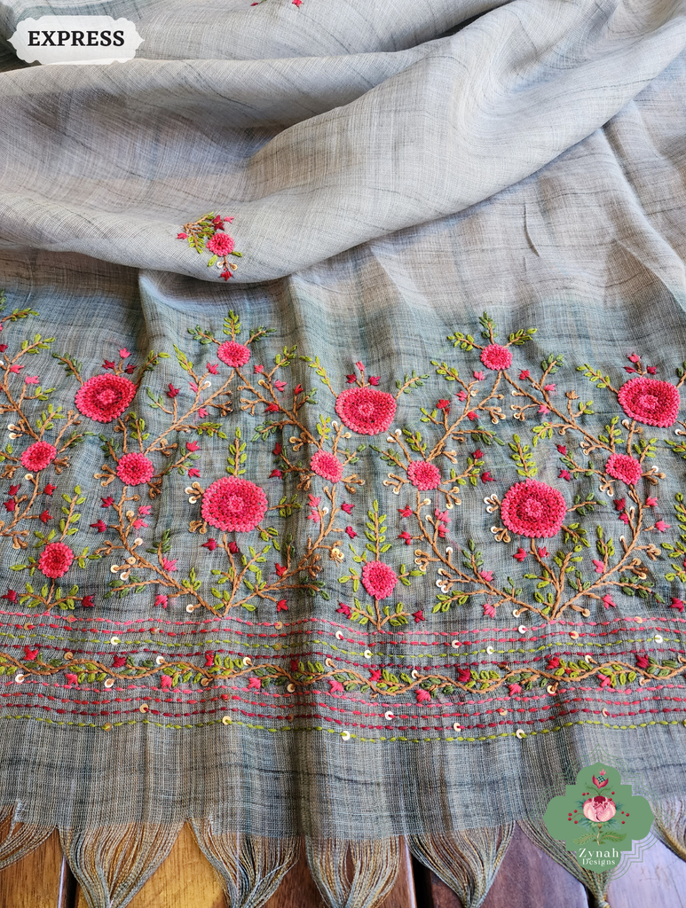 Zynah Blue Linen Tissue Saree Adorned With French-knot & Kantha Hand Embroidery; Custom Stitched/Ready-made Blouse, Fall, Petticoat; SKU: 1903202502