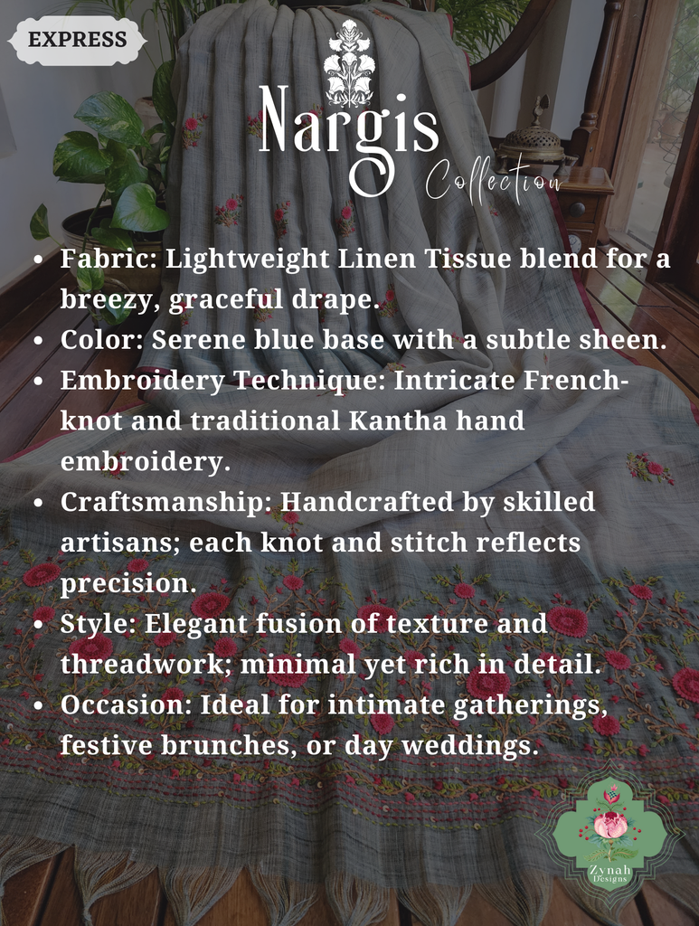 Zynah Blue Linen Tissue Saree Adorned With French-knot & Kantha Hand Embroidery; Custom Stitched/Ready-made Blouse, Fall, Petticoat; SKU: 1903202502