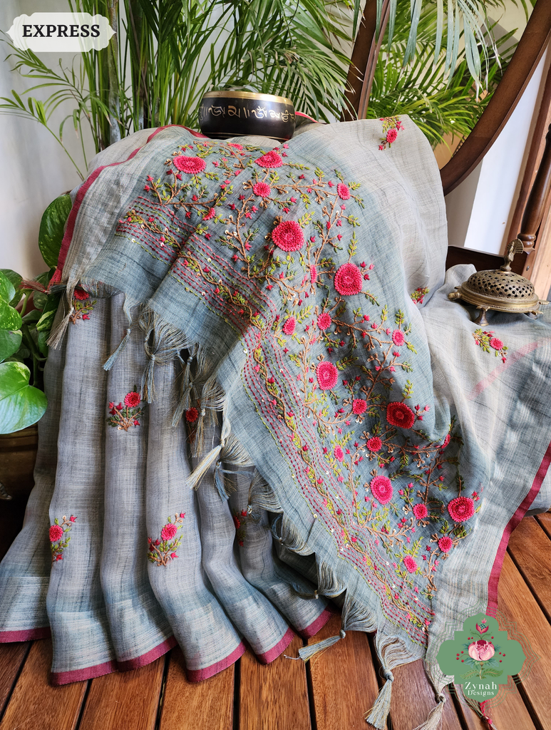 Zynah Blue Linen Tissue Saree Adorned With French-knot & Kantha Hand Embroidery; Custom Stitched/Ready-made Blouse, Fall, Petticoat; SKU: 1903202502
