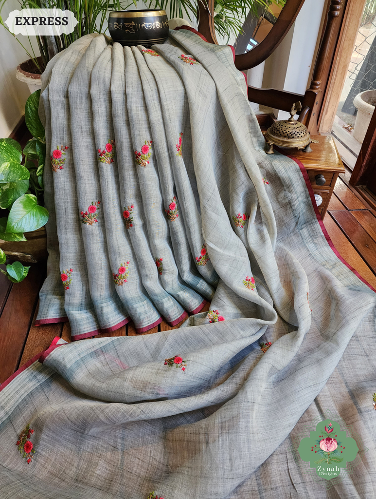 Zynah Blue Linen Tissue Saree Adorned With French-knot & Kantha Hand Embroidery; Custom Stitched/Ready-made Blouse, Fall, Petticoat; SKU: 1903202502
