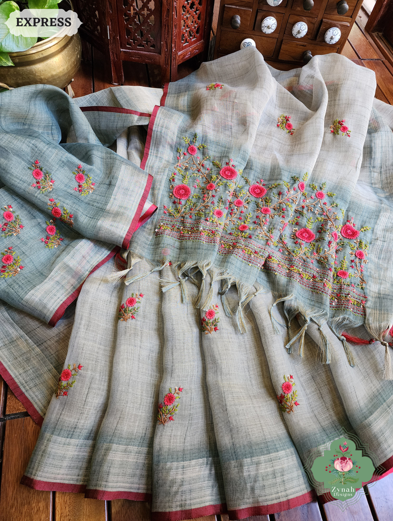 Zynah Blue Linen Tissue Saree Adorned With French-knot & Kantha Hand Embroidery; Custom Stitched/Ready-made Blouse, Fall, Petticoat; SKU: 1903202502