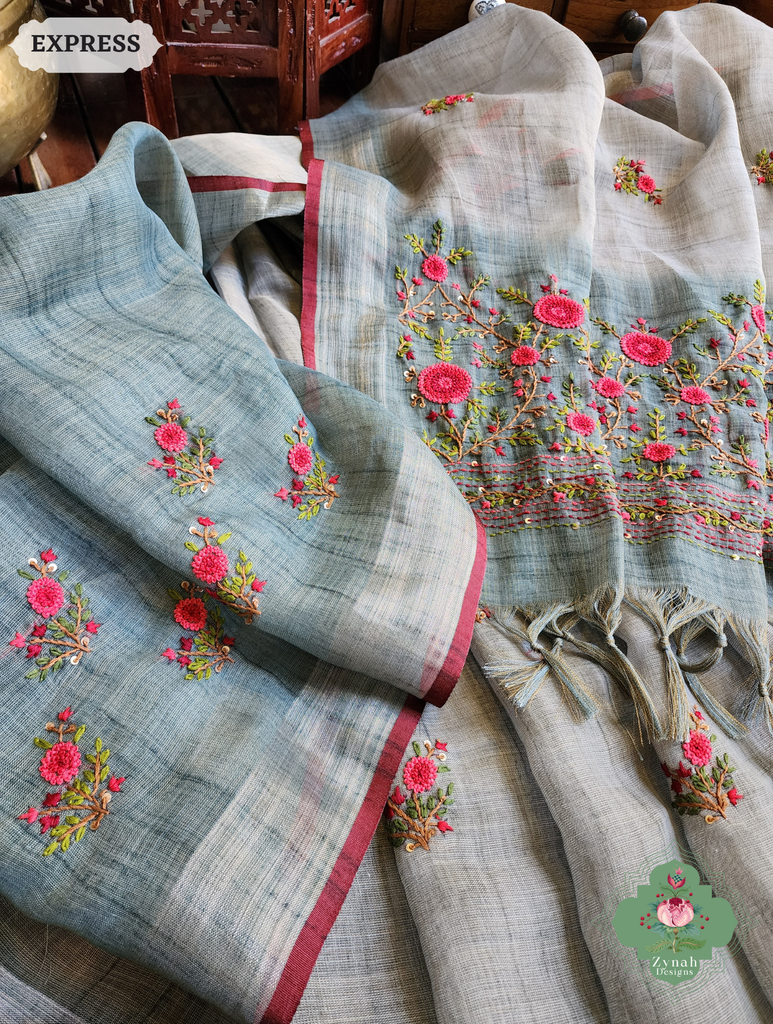 Zynah Blue Linen Tissue Saree Adorned With French-knot & Kantha Hand Embroidery; Custom Stitched/Ready-made Blouse, Fall, Petticoat; SKU: 1903202502