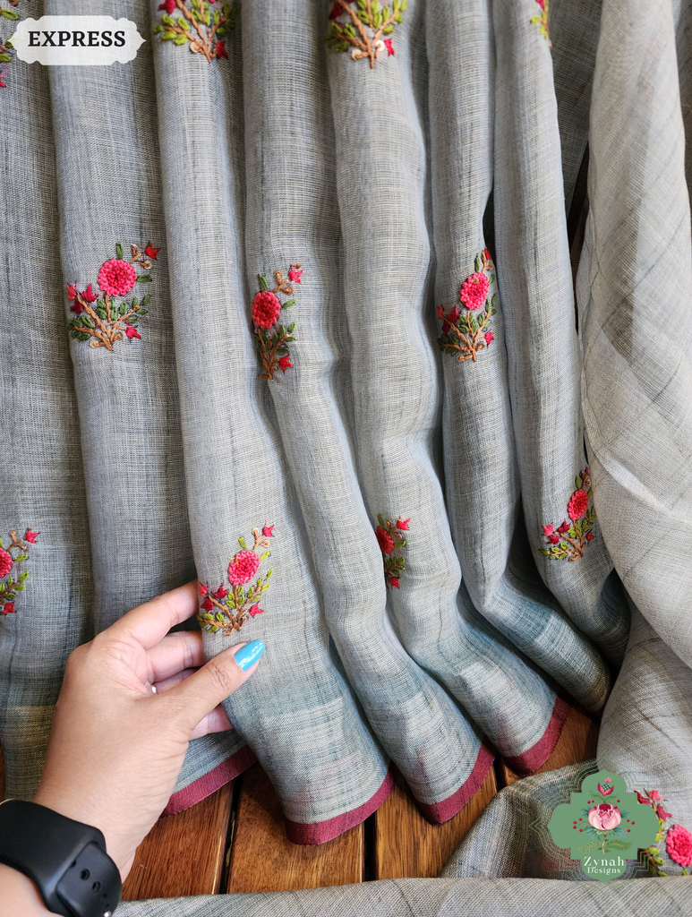 Zynah Blue Linen Tissue Saree Adorned With French-knot & Kantha Hand Embroidery; Custom Stitched/Ready-made Blouse, Fall, Petticoat; SKU: 1903202502
