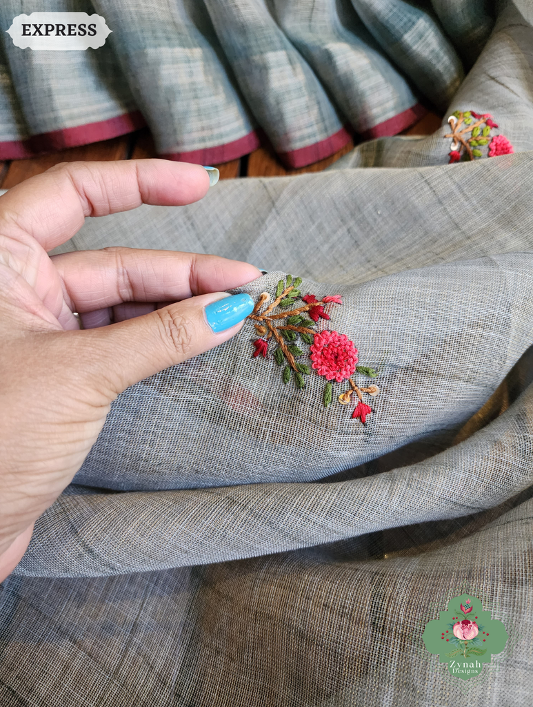 Zynah Blue Linen Tissue Saree Adorned With French-knot & Kantha Hand Embroidery; Custom Stitched/Ready-made Blouse, Fall, Petticoat; SKU: 1903202502