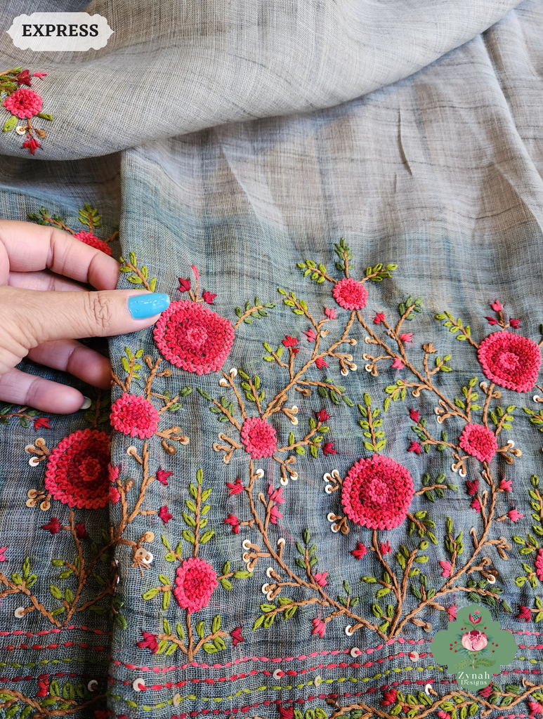 Zynah Blue Linen Tissue Saree Adorned With French-knot & Kantha Hand Embroidery; Custom Stitched/Ready-made Blouse, Fall, Petticoat; SKU: 1903202502