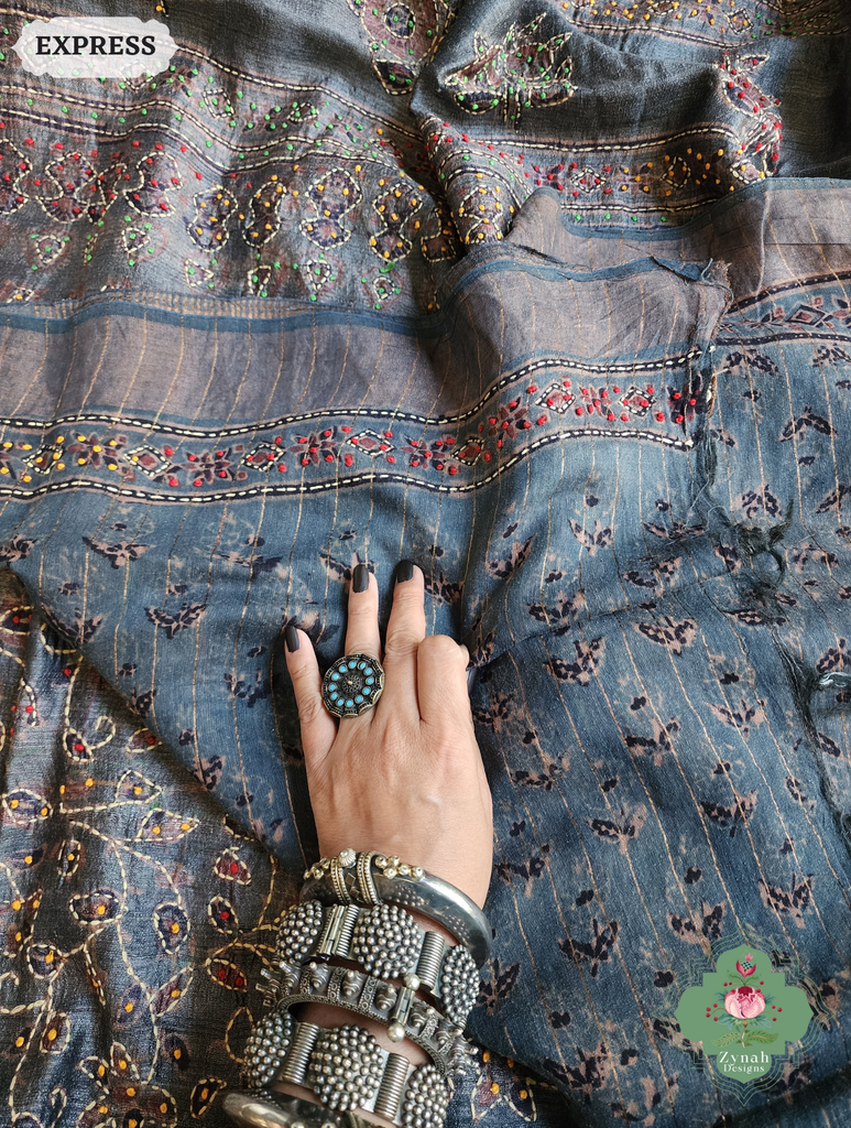 Zynah Bluish Grey Pure Tussar Silk Hand Block Print Ajrakh Saree With Hand Embroidery; Custom Stitched/Ready-made Blouse, Fall, Petticoat; SKU: 2409202503
