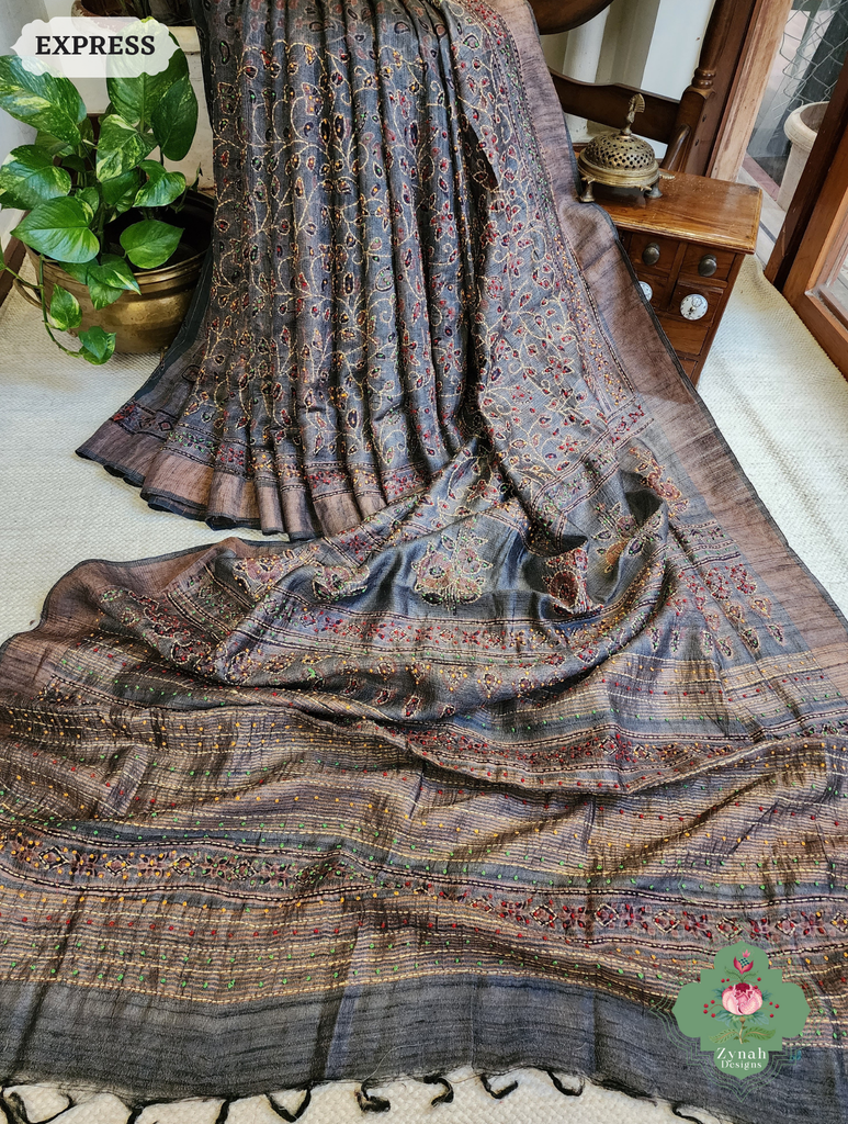 Zynah Bluish Grey Pure Tussar Silk Hand Block Print Ajrakh Saree With Hand Embroidery; Custom Stitched/Ready-made Blouse, Fall, Petticoat; SKU: 2409202503
