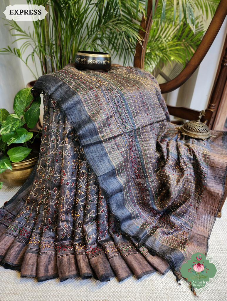Zynah Bluish Grey Pure Tussar Silk Hand Block Print Ajrakh Saree With Hand Embroidery; Custom Stitched/Ready-made Blouse, Fall, Petticoat; SKU: 2409202503