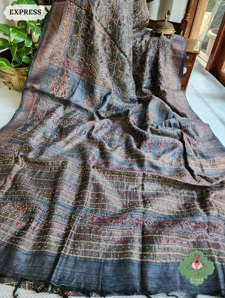 Zynah Bluish Grey Pure Tussar Silk Hand Block Print Ajrakh Saree With Hand Embroidery; Custom Stitched/Ready-made Blouse, Fall, Petticoat; SKU: 2409202503