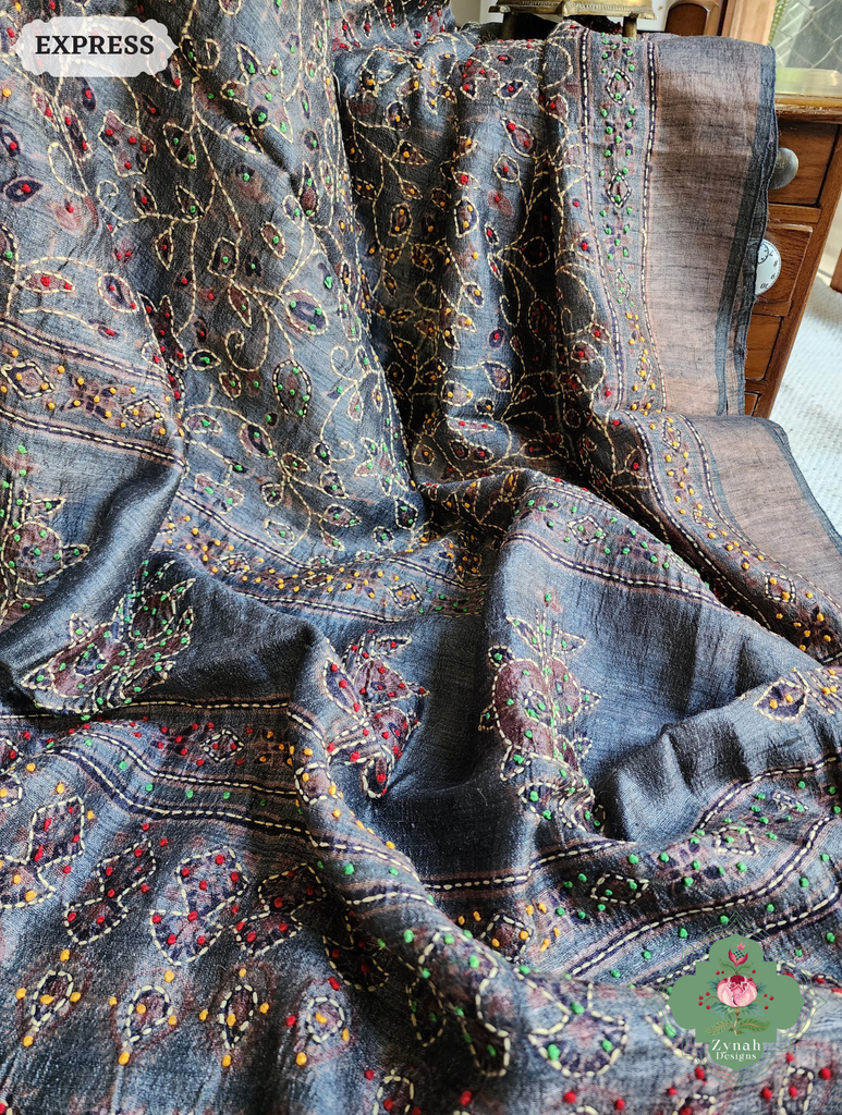 Zynah Bluish Grey Pure Tussar Silk Hand Block Print Ajrakh Saree With Hand Embroidery; Custom Stitched/Ready-made Blouse, Fall, Petticoat; SKU: 2409202503