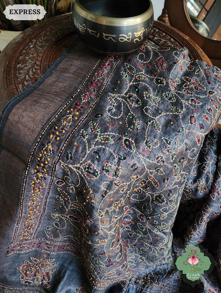 Zynah Bluish Grey Pure Tussar Silk Hand Block Print Ajrakh Saree With Hand Embroidery; Custom Stitched/Ready-made Blouse, Fall, Petticoat; SKU: 2409202503