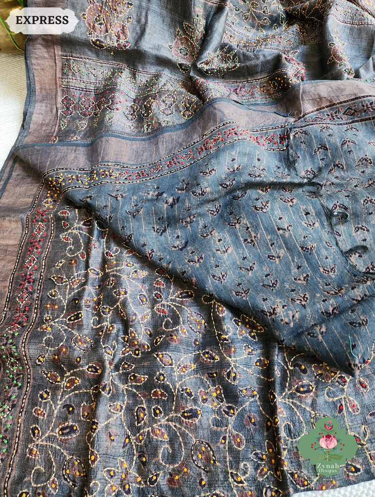 Zynah Bluish Grey Pure Tussar Silk Hand Block Print Ajrakh Saree With Hand Embroidery; Custom Stitched/Ready-made Blouse, Fall, Petticoat; SKU: 2409202503
